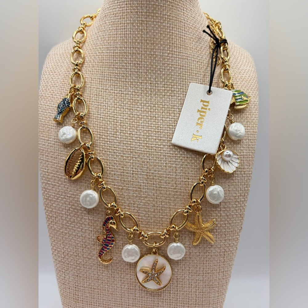 MWT Piper K Gold Coastal Sea Charm Necklace Fish Pearl Clam Starfish Seahorse